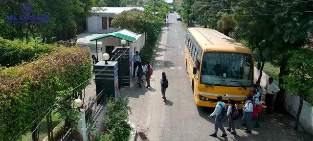 Aerial shot of the PAL College entrance and bus